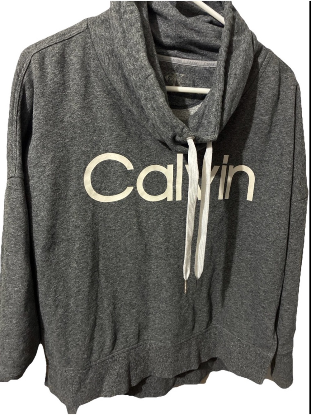 Calvin Klein-Logo Gray Cowl Neck Pullover Oversized Cropped Sweatshirt Sz Small